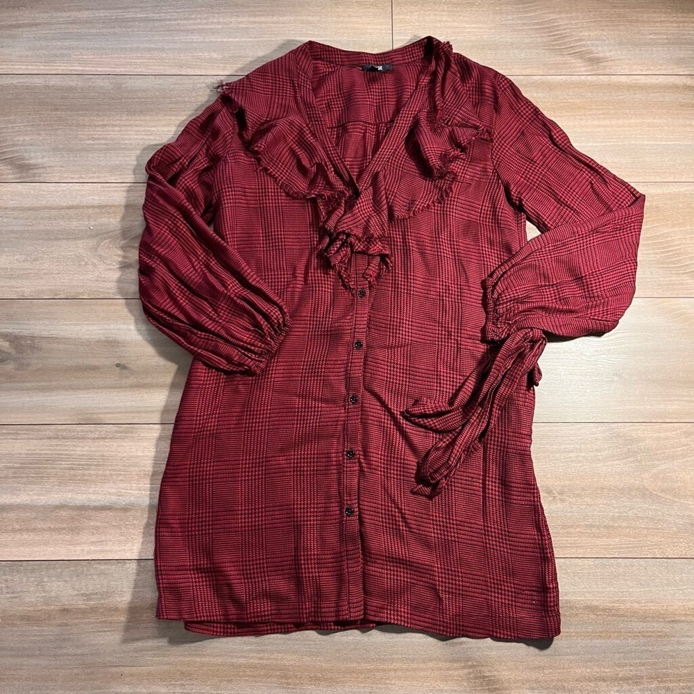 Paige Red Black Plaid Long Sleeve Dress Ruffle Women‎ Medium Bin A-18